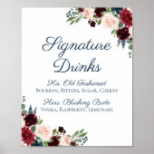 Navy Marsala Floral Signature Drink Cocktail Sign Poster (Voorkant)