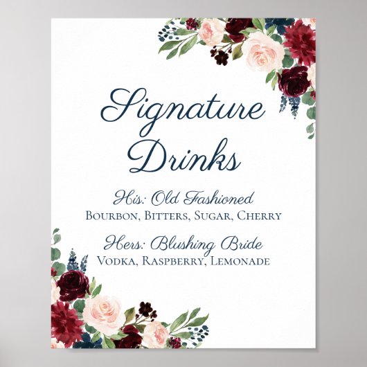 Navy Marsala Floral Signature Drink Cocktail Sign Poster (Voorkant)