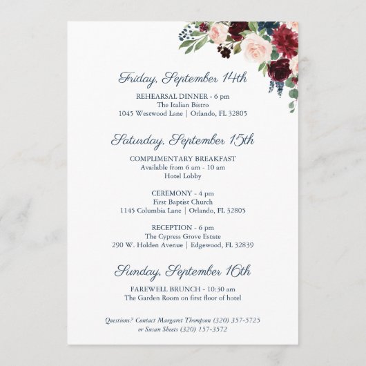 Navy Marsala Floral Wedding Hotel Welkom Kaarten (Achterkant)