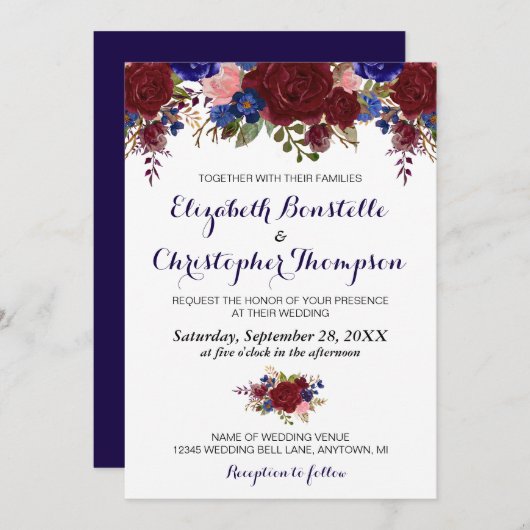 Navy Marsala Floral Wedding Invitation Kaart (Voorkant / Achterkant)