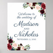Navy Marsala Floral Wedding Welcome Sign Poster (Voorkant)