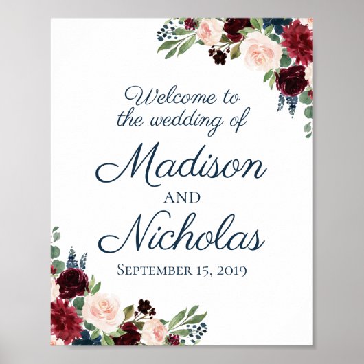Navy Marsala Floral Wedding Welcome Sign Poster (Voorkant)