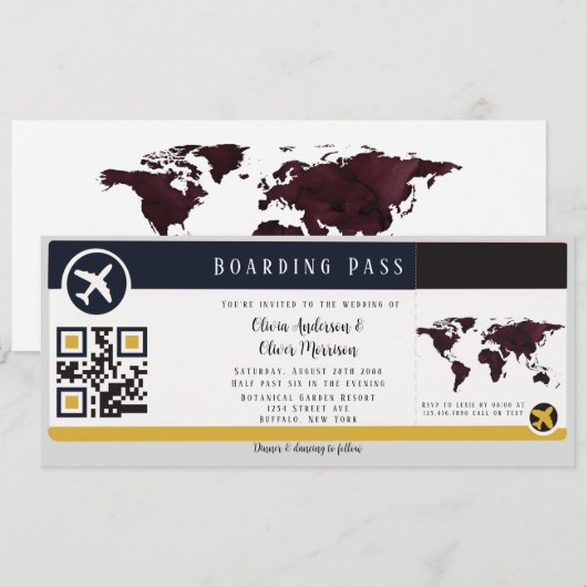 Navy Marsala Gold boarding Pass Wedding Invitation Kaart (Voorkant / Achterkant)
