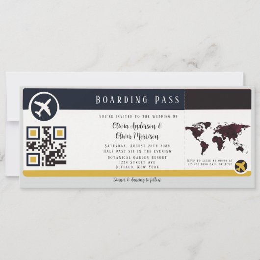 Navy Marsala Gold boarding Pass Wedding Invitation Kaart (Voorkant)