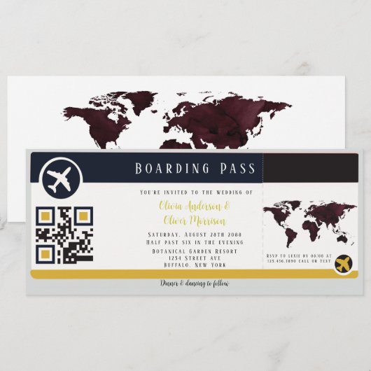 Navy Marsala Gold boarding Pass Wedding Invitation Kaart (Voorkant / Achterkant)