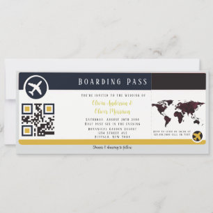 Navy Marsala Gold boarding Pass Wedding Invitation Kaart