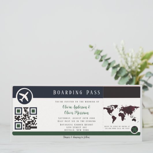 Navy Marsala Green Boarding Pass Wedding Invitatio Kaart (Staand voorkant)