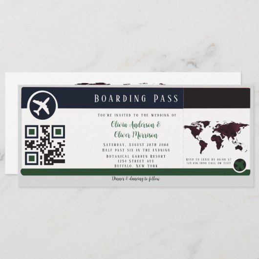 Navy Marsala Green Boarding Pass Wedding Invitatio Kaart (Voorkant / Achterkant)