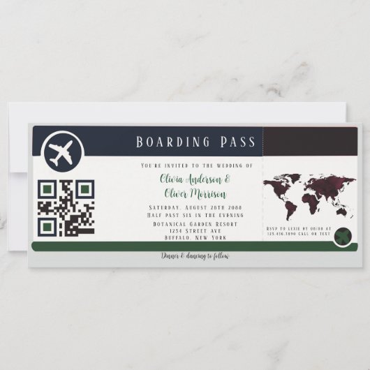 Navy Marsala Green Boarding Pass Wedding Invitatio Kaart (Voorkant)