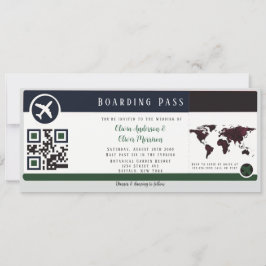 Navy Marsala Green Boarding Pass Wedding Invitatio Kaart