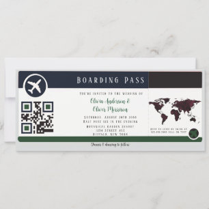 Navy Marsala Green Boarding Pass Wedding Invitatio Kaart