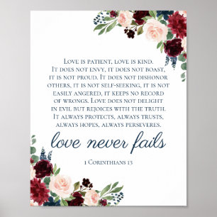 Navy Marsala Love slaagt nooit in 1 Corinthians Si Poster