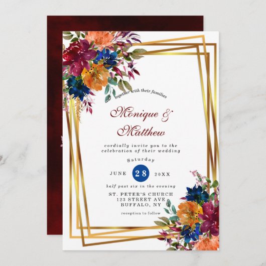 Navy Marsala Oranje Floral Geometric Wedding Invi Kaart (Voorkant / Achterkant)
