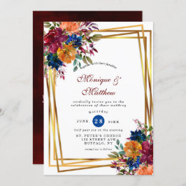 Navy Marsala Oranje Floral Geometric Wedding Invi Kaart