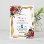 Navy Marsala Oranje Floral Geometric Wedding Invi Kaart (Staand voorkant)