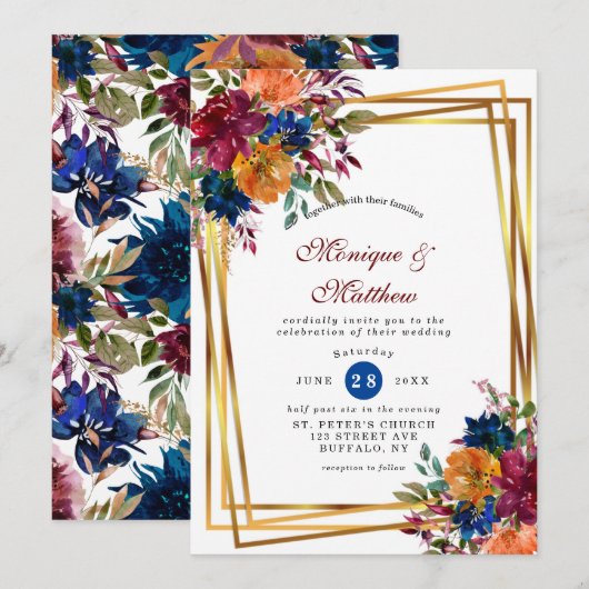 Navy Marsala Oranje Floral Geometric Wedding Invi Kaart (Voorkant / Achterkant)