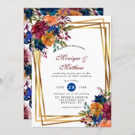Navy Marsala Oranje Floral Geometric Wedding Invi Kaart