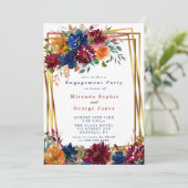 Navy Marsala Oranje Floral Gold Engagement Party I Kaart (Staand voorkant)