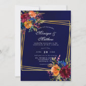 Navy Marsala Oranje Floral Gold Geometric Wedding Kaart (Voorkant)