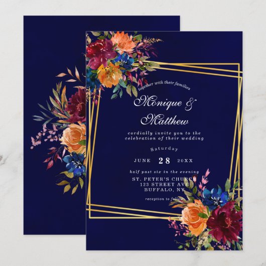 Navy Marsala Oranje Floral Gold Geometric Wedding Kaart (Voorkant / Achterkant)