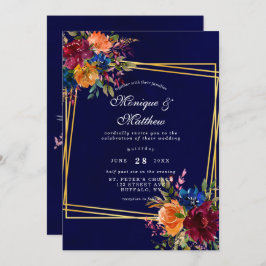 Navy Marsala Oranje Floral Gold Geometric Wedding Kaart