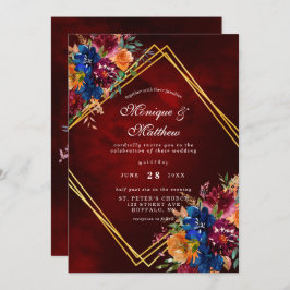 Navy Marsala Oranje Floral Gold Geometric Wedding Kaart