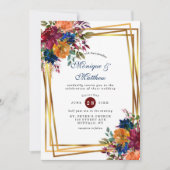Navy Marsala Oranje Floral Gold Geometric Wedding Kaart (Voorkant)