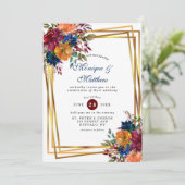 Navy Marsala Oranje Floral Gold Geometric Wedding Kaart (Staand voorkant)