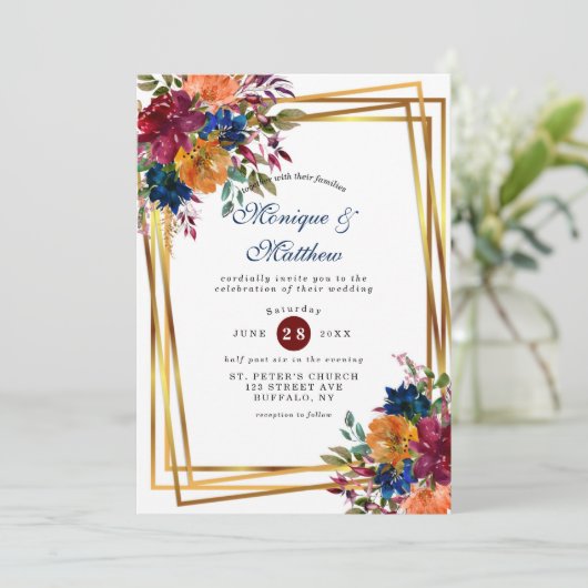 Navy Marsala Oranje Floral Gold Geometric Wedding Kaart (Staand voorkant)