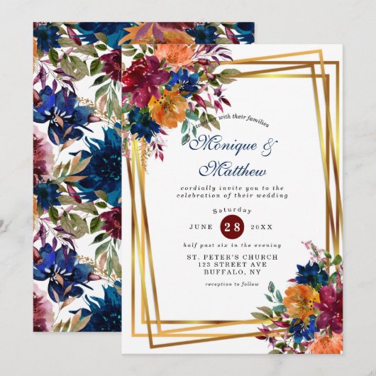 Navy Marsala Oranje Floral Gold Geometric Wedding Kaart (Voorkant / Achterkant)