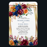 Navy Marsala Oranje Floral Gold Wedding Invite Magneet<br><div class="desc">Dit ontwerp is voorzien van een bloemelement in blauw,  oranje en marsala-gebergte met waterverf bladeren van de najaarsbladeren van de herfst en wilde bloemen. Matchingproducten beschikbaar in collectie "Navy Marsala Oranje Floral Geometric Wedding "</div>