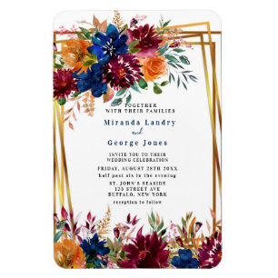 Navy Marsala Oranje Floral Gold Wedding Invite Magneet