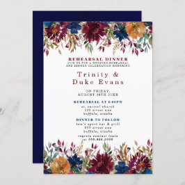 Navy Marsala Oranje Floral Rehearsal Dinner Invita Kaart