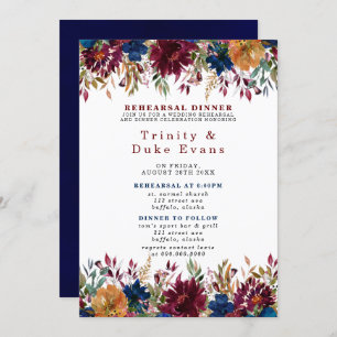 Navy Marsala Oranje Floral Rehearsal Dinner Invita Kaart