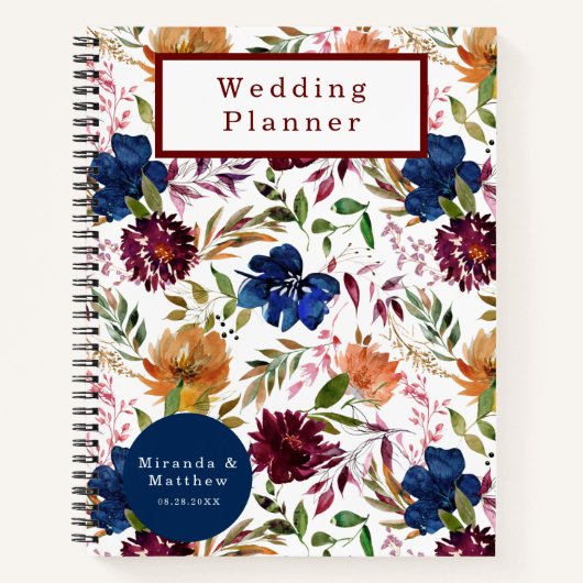 Navy Marsala Oranje Floral Wedding Planner-laptop Notitieboek (Voorkant)