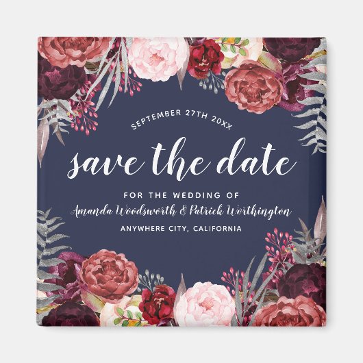 Navy Marsala Peony Bruiloft Save the Date Magneten (Voorkant)