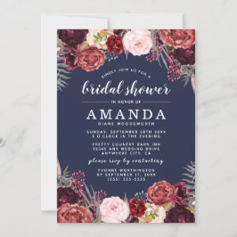 Navy Marsala Peony Herfst Bridal Shower Uitnodigin Kaart