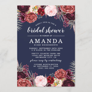 Navy Marsala Peony Herfst Bridal Shower Uitnodigin Kaart
