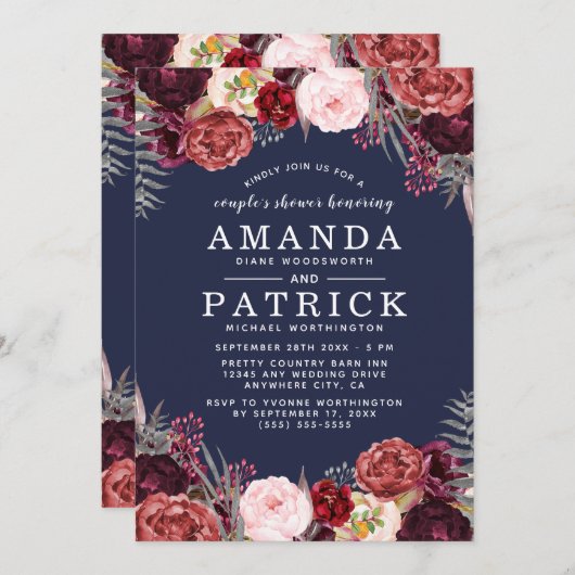 Navy Marsala Pioen Koppels Douche Uitnodigingen (Voorkant / Achterkant)