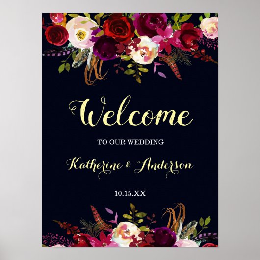 Navy Marsala Rustic Boho Floral Welcome Wedding Poster (Voorkant)