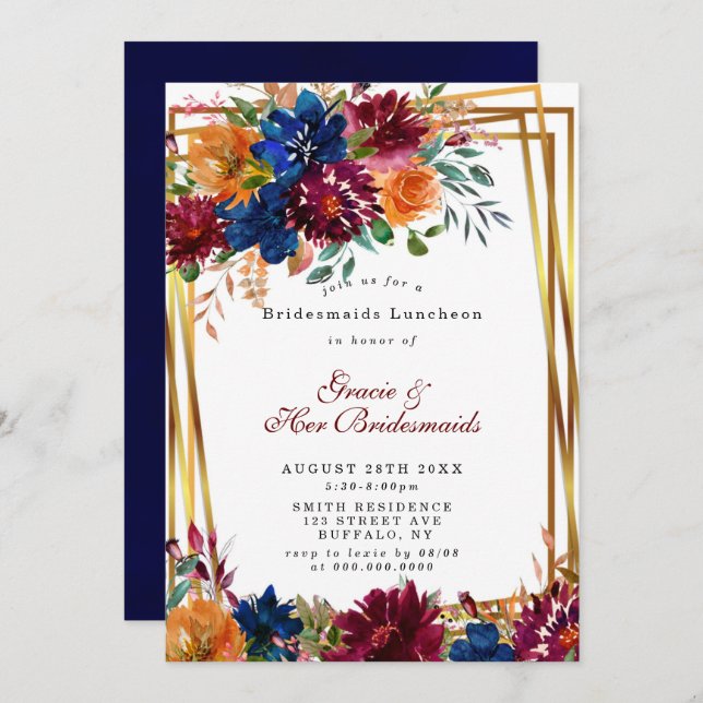 Navy Marsala Sinaasappel Floral Bridesmaids Lunche (Voorkant / Achterkant)