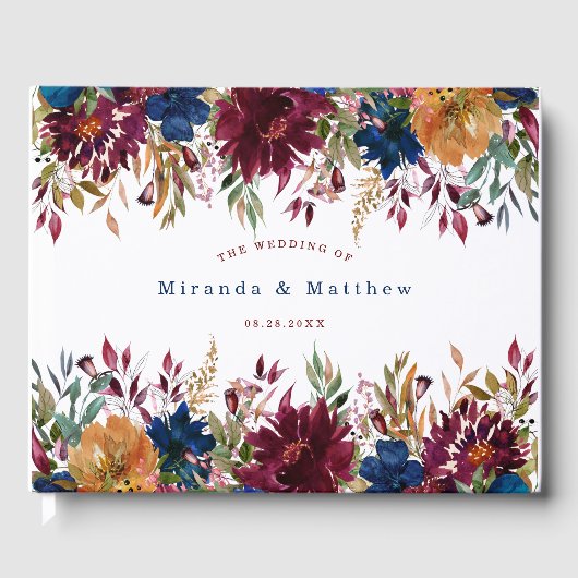 Navy Marsala Sinaasappel Floral Wedding Gastenboek (Voorkant)