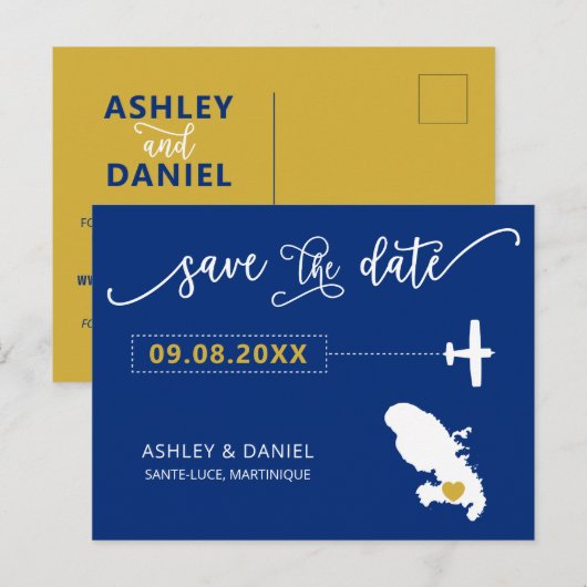 Navy Martinique Wedding Save the Date Map Briefkaart (Voorkant / Achterkant)