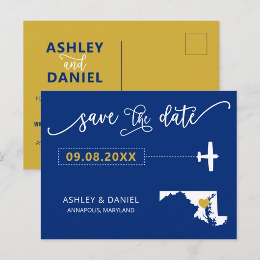Navy Maryland Wedding Save the Date Map Briefkaart (Voorkant / Achterkant)