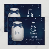 Navy Mason Jar met vuurvliegjes Tafelnummer Kaarte (Voorkant / Achterkant)