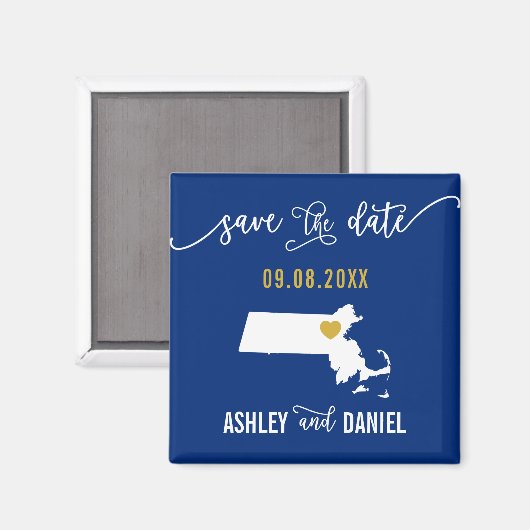Navy Massachusetts Wedding Save the Date Map Magneet (Voorkant / Achterkant)