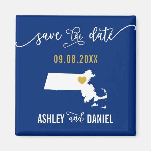 Navy Massachusetts Wedding Save the Date Map Magneet (Voorkant)