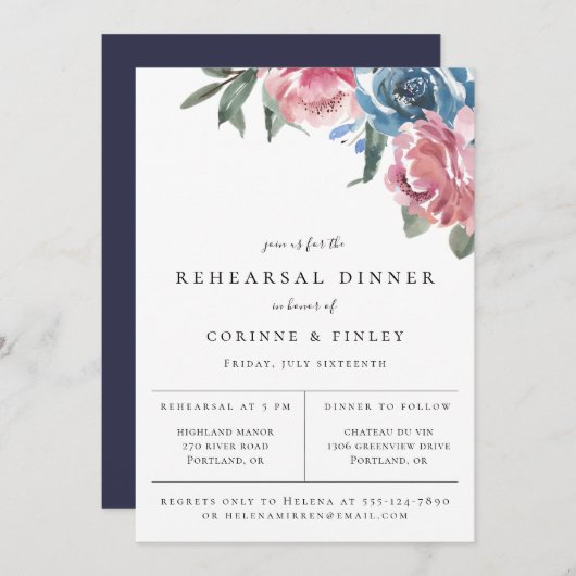 Navy Mauve Botanical Rehearsal Dinner Aankondiging (Voorkant / Achterkant)