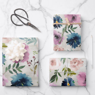 Navy & Mauve Peony Garden Inpakpapier Vel