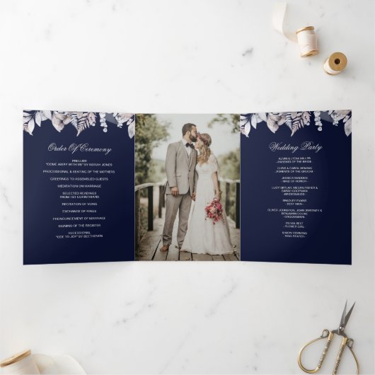 Navy Mauve rustieke bloemen foto bruiloft Drieluik Programma (Binnen)